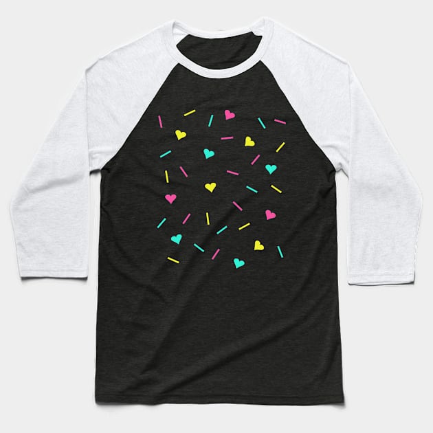 Cute Retro 80s Pastel Hearts and Sprinkles Baseball T-Shirt by alienfolklore